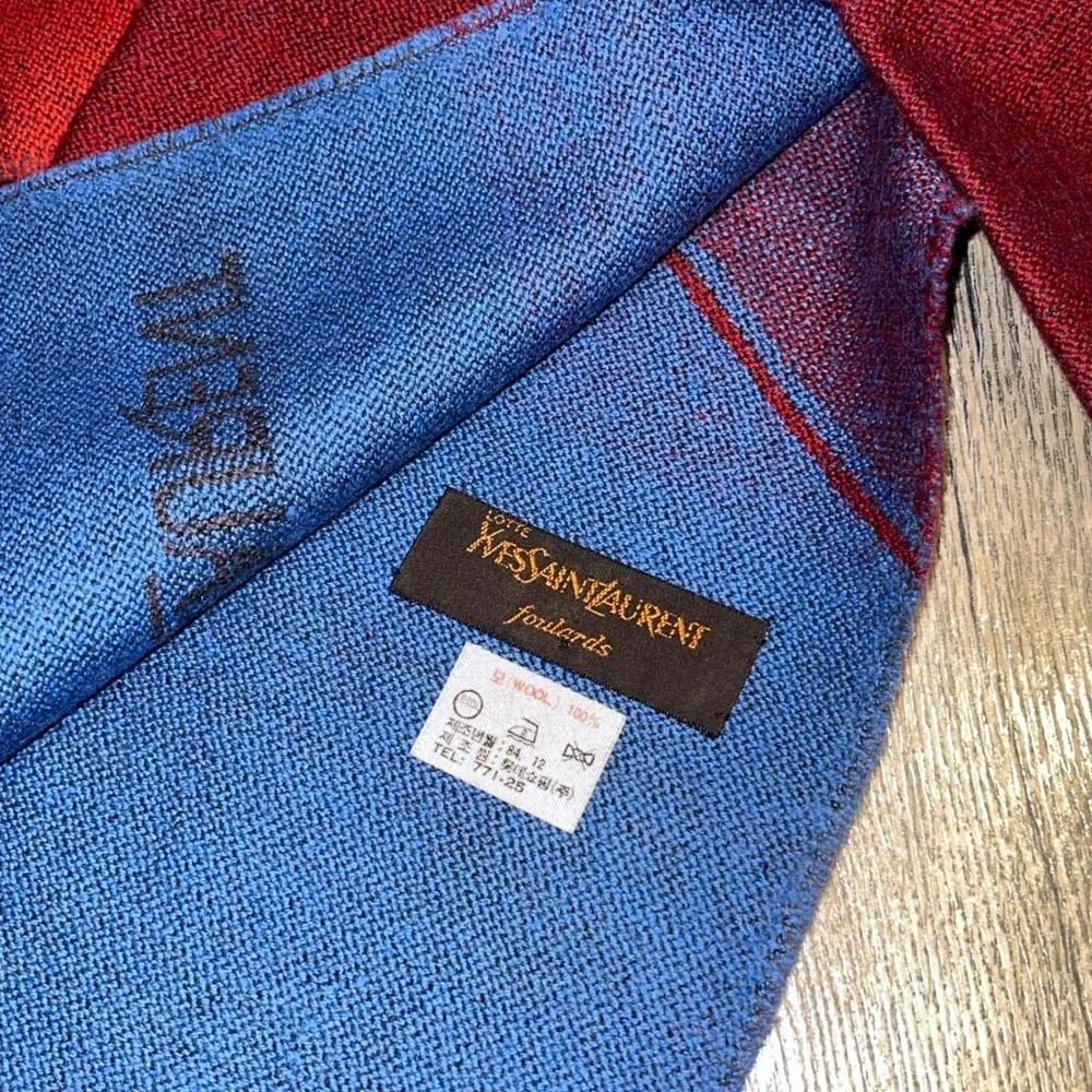 Vintage Yves Saint Laurent YSL Wool Scarf Geometric Diamond Blue Red Grey 66in